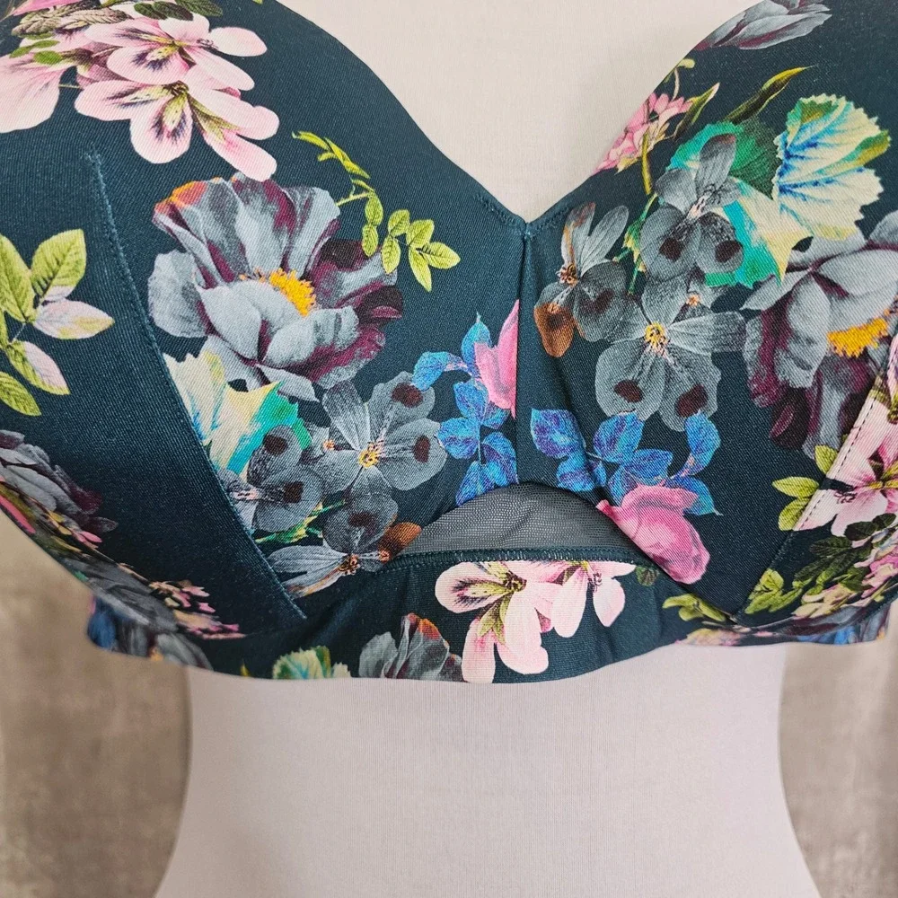 Cacique 46DD Lightly Lined‎ Balconette Floral Underwire Bra Teal Pink Blue